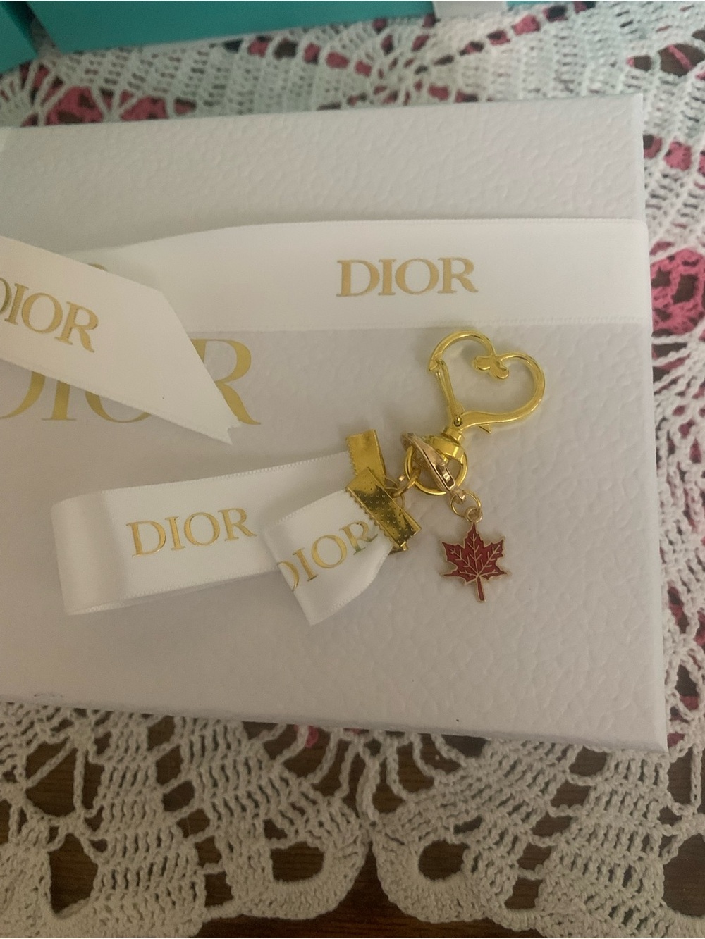 DIOR Gold Heart Keyring with Red Maple Charm